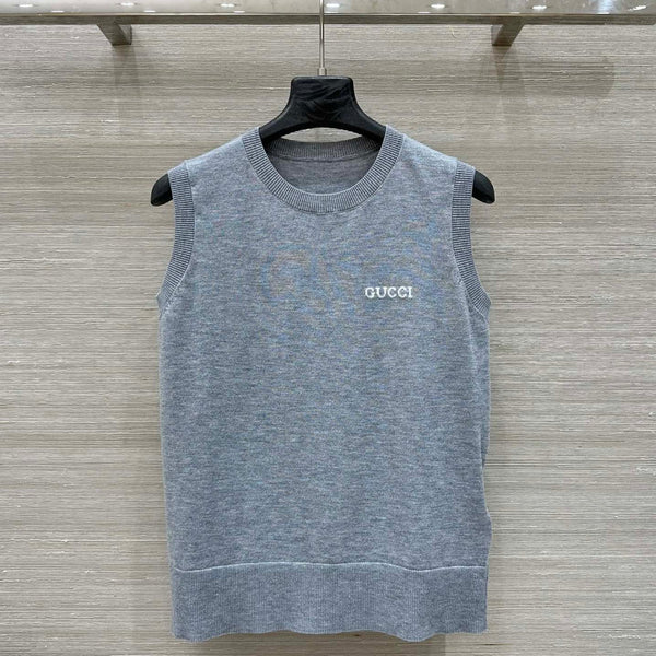 Gucci 2025 Logo Embroidered Knitted Vest Top Gray Wool