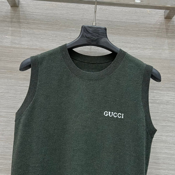 Gucci 2025 Logo Embroidered Knitted Vest Top Green Wool