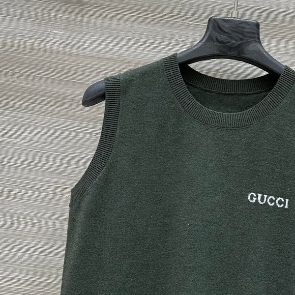 Gucci 2025 Logo Embroidered Knitted Vest Top Green Wool
