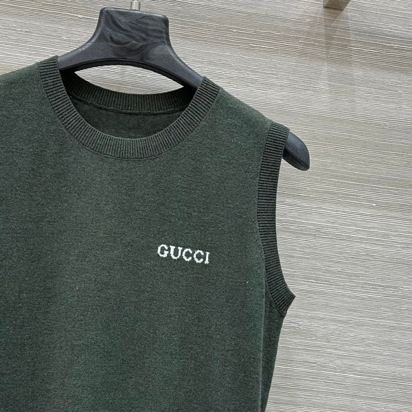 Gucci 2025 Logo Embroidered Knitted Vest Top Green Wool