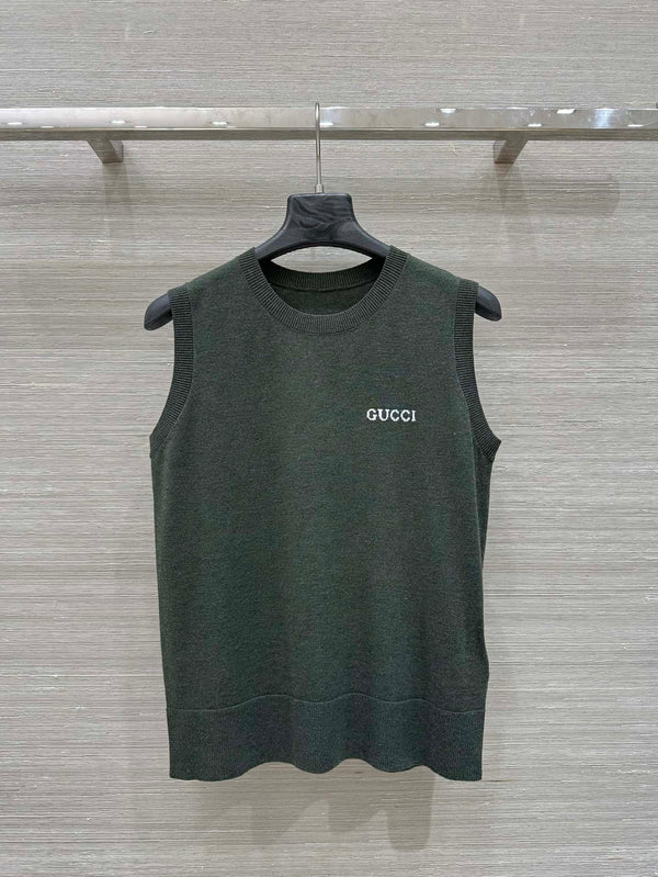 Gucci 2025 Logo Embroidered Knitted Vest Top Green Wool