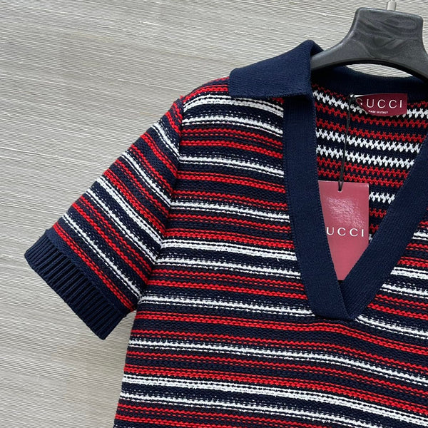 Gucci 25 Knitted V-neck Dress White Red Wool