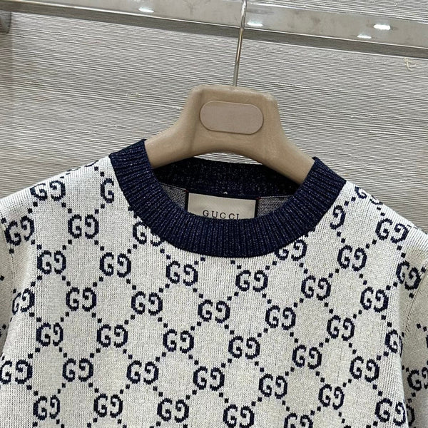 Gucci 2025 Knitted Round Neck Short-sleeved Top Blue Gray Cotton