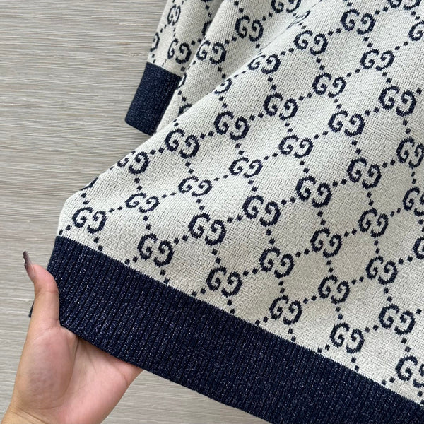 Gucci 2025 Knitted Round Neck Short-sleeved Top Blue Gray Cotton