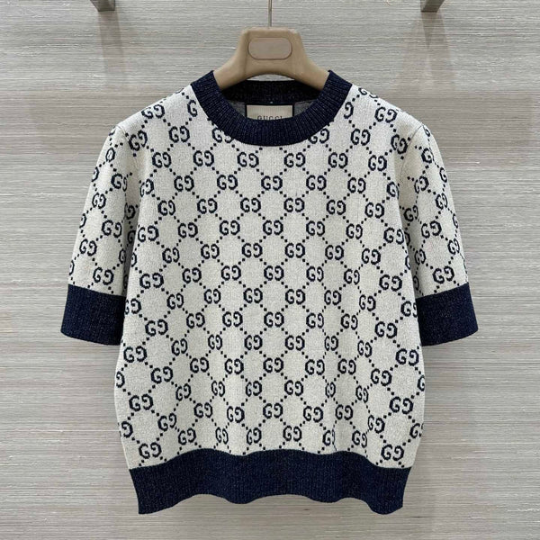 Gucci 2025 Knitted Round Neck Short-sleeved Top Blue Gray Cotton