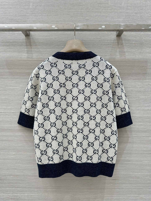 Gucci 2025 Knitted Round Neck Short-sleeved Top Blue Gray Cotton