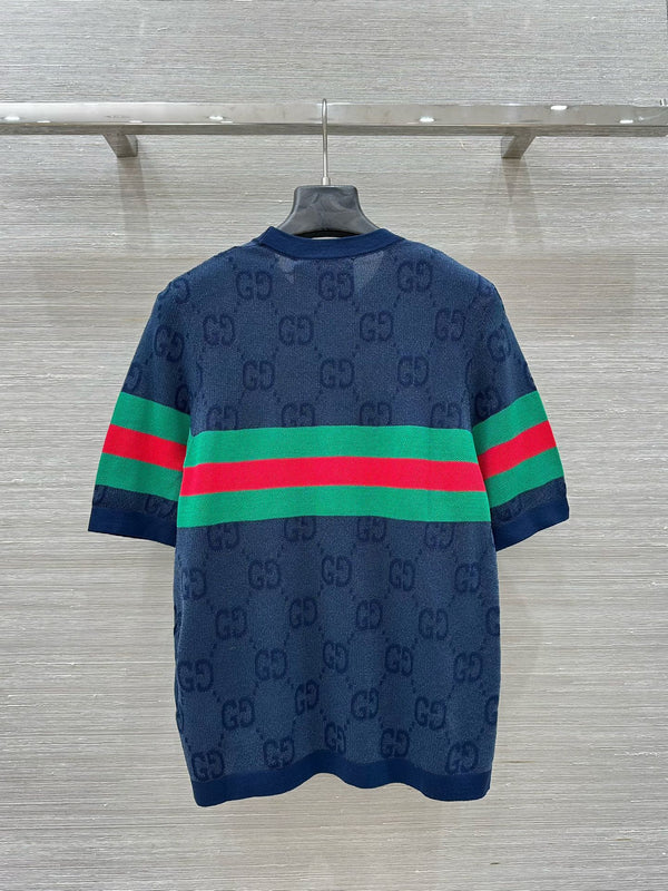 Gucci 25 Mesh Short-sleeved Top Blue Tencel