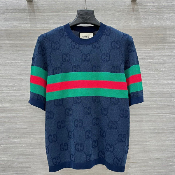 Gucci 25 Mesh Short-sleeved Top Blue Tencel