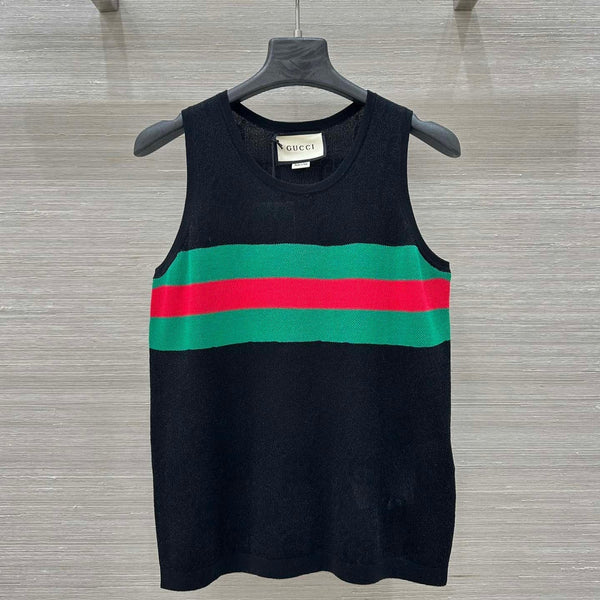 Gucci 25 Embroidered Jacquard Mesh Vest Top Black Tencel