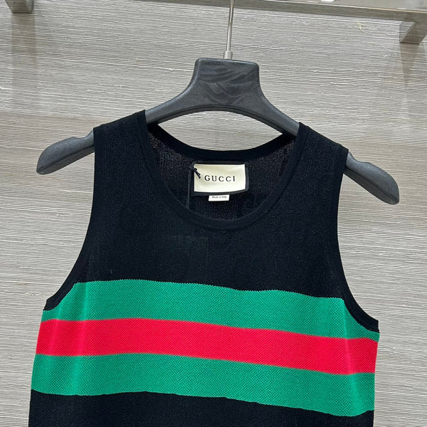 Gucci 25 Embroidered Jacquard Mesh Vest Top Black Tencel