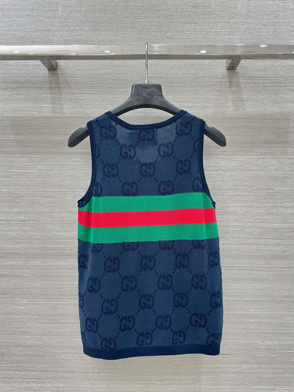 Gucci 25 Embroidered Jacquard Mesh Vest Top Navy Blue Tencel