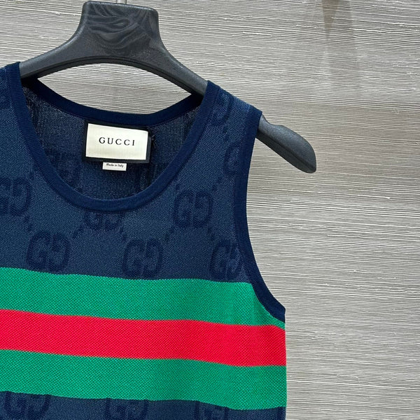 Gucci 25 Embroidered Jacquard Mesh Vest Top Navy Blue Tencel