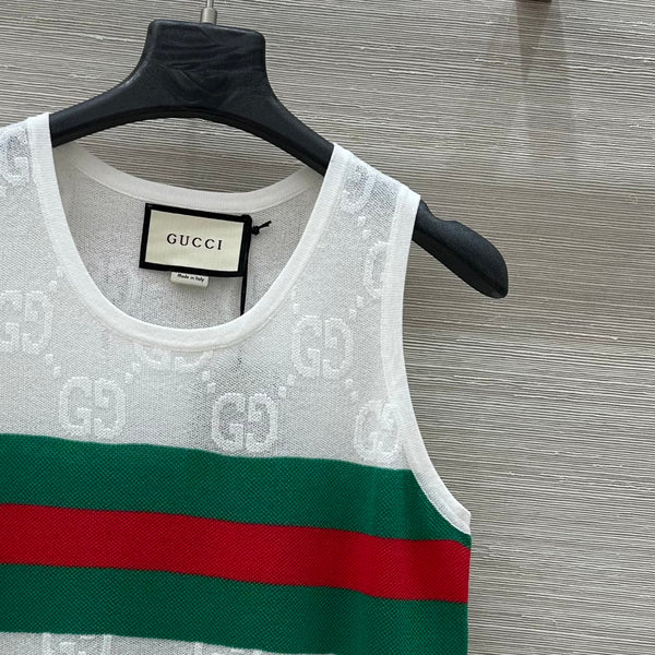 Gucci 25 Embroidered Jacquard Mesh Vest Top White Tencel