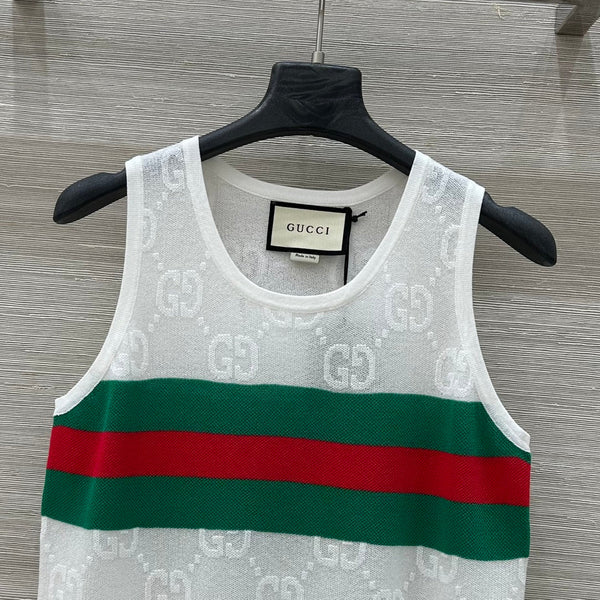 Gucci 25 Embroidered Jacquard Mesh Vest Top White Tencel