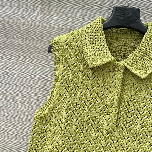 Gucci 25 Hollow Knitted Polo Vest Dress Avocado Green Polyester Fiber