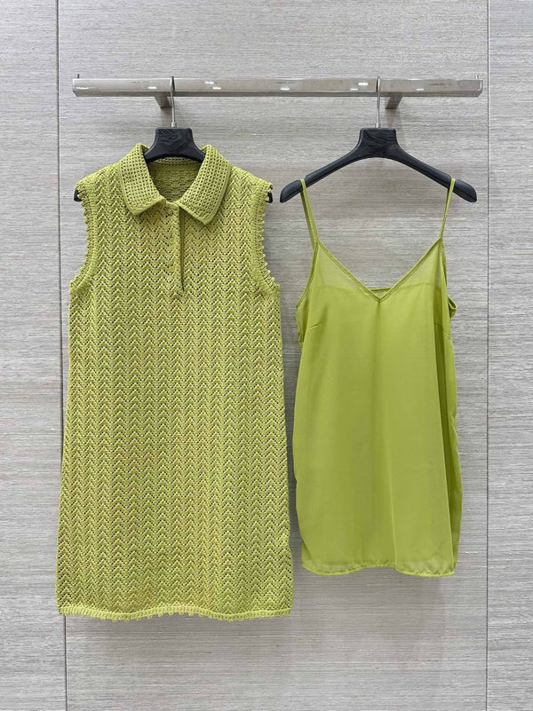 Gucci 25 Hollow Knitted Polo Vest Dress Avocado Green Polyester Fiber