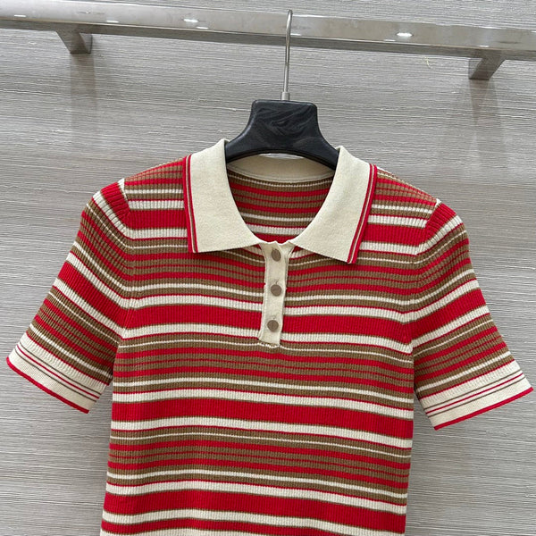 Fendi 25 Knitted Polo Short-sleeved Top Red Silk Cotton