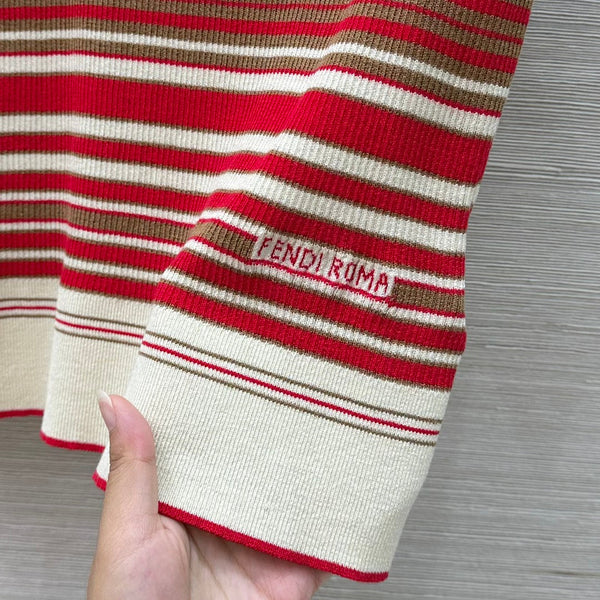 Fendi 25 Knitted Polo Short-sleeved Top Red Silk Cotton