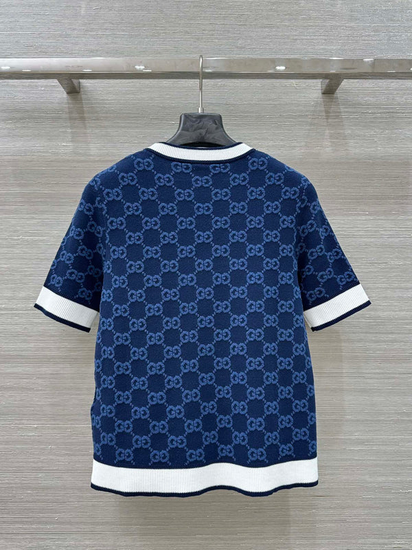 Gucci 25 Knitted Round Neck Short-sleeved Top Dark Blue Wool
