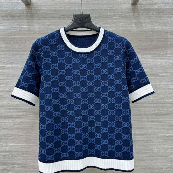 Gucci 25 Knitted Round Neck Short-sleeved Top Dark Blue Wool