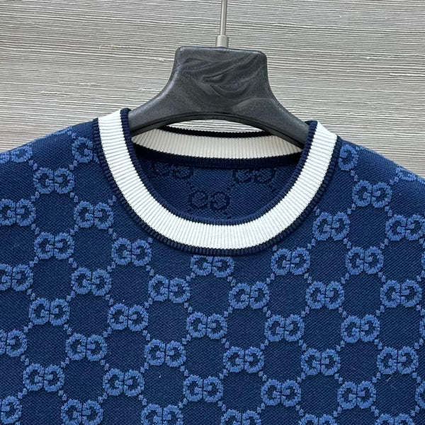 Gucci 25 Knitted Round Neck Short-sleeved Top Dark Blue Wool