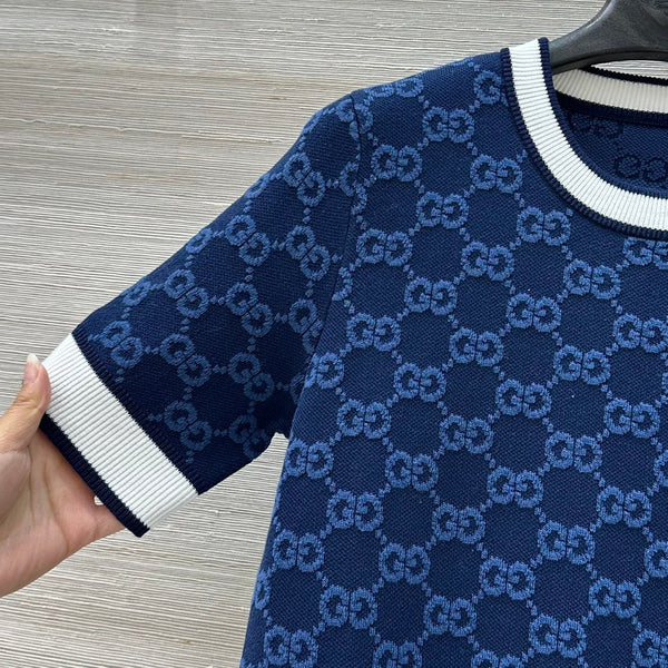 Gucci 25 Knitted Round Neck Short-sleeved Top Dark Blue Wool