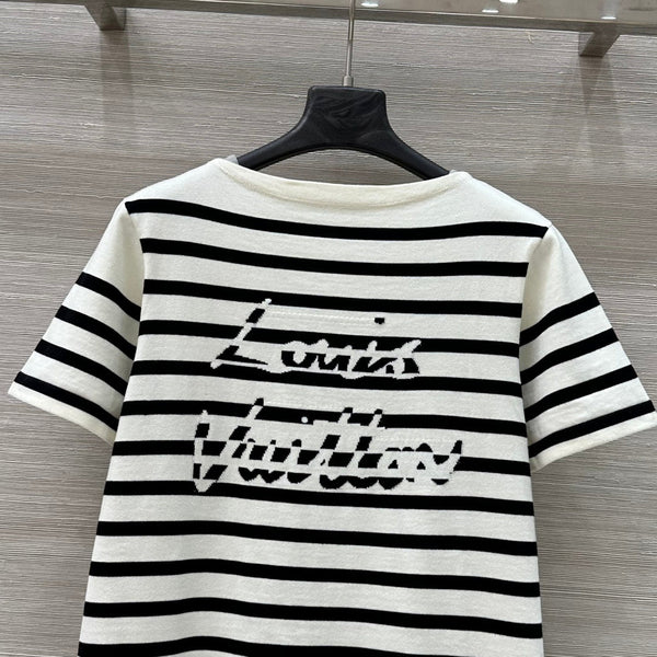 LV 25 Maglia monospalla in jacquard con lettere a righe, in cotone e poliestere, bianco e nero