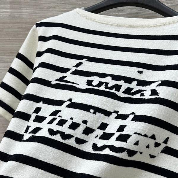 LV 25 Maglia monospalla in jacquard con lettere a righe, in cotone e poliestere, bianco e nero