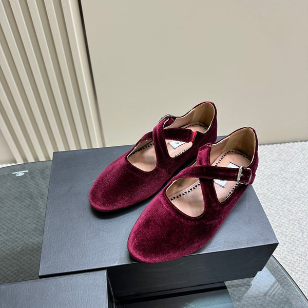 Alaila Criss Cross Ballet Flats In Red Purple Velvet 920783