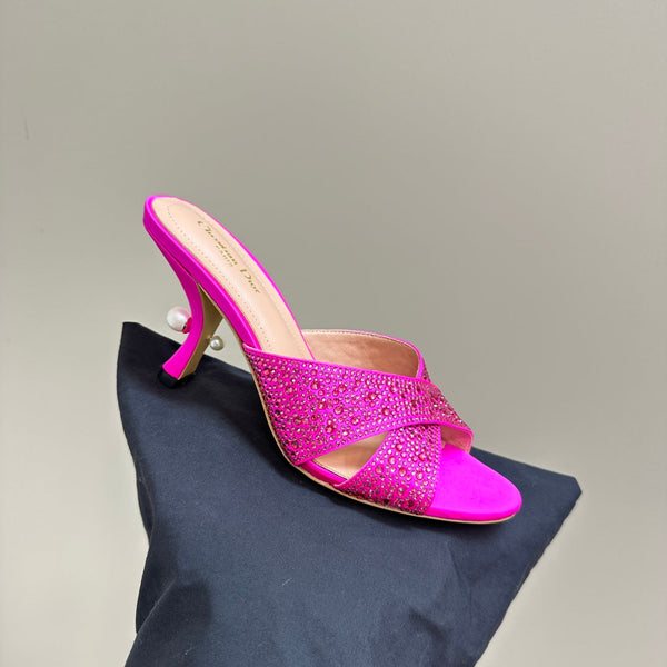 CD Tribales Heeled Slide 80mm Dark Pink Lambskin And Studded With Stones