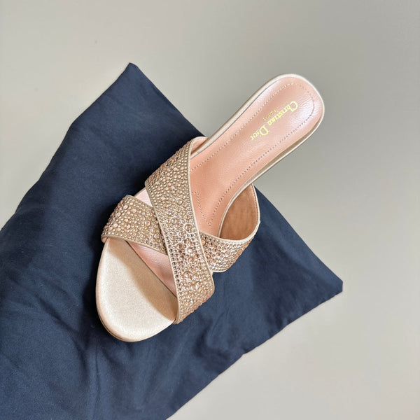 CD Tribales Heeled Slide 80mm Beige Lambskin And Studded With Stones