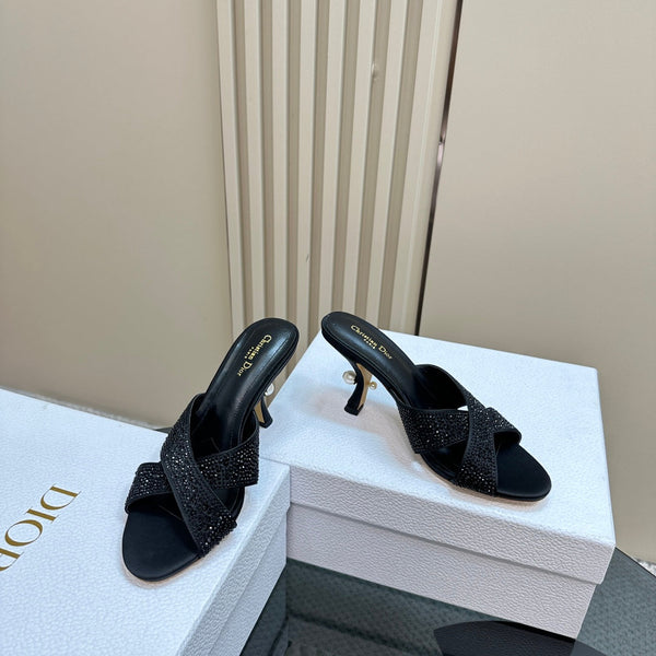 CD Tribales Heeled Slide 80mm Black Lambskin And Studded With Stones