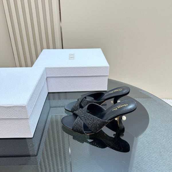 CD Tribales Heeled Slide 80mm Black Lambskin And Studded With Stones