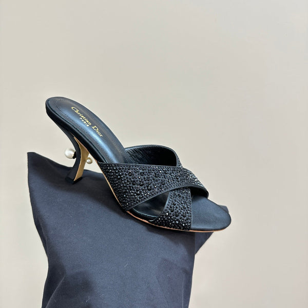 CD Tribales Heeled Slide 80mm Black Lambskin And Studded With Stones