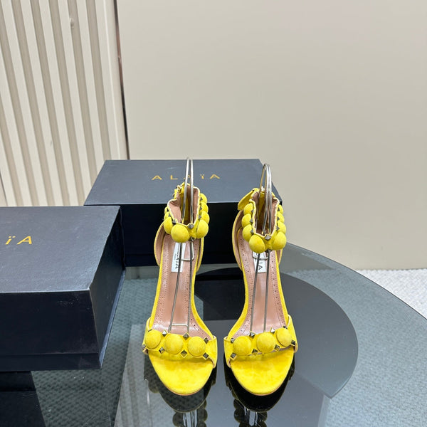 ALAIA HIGH HEEL SANDAL 10 CM IN BRIGHT YELLOW SUEDE