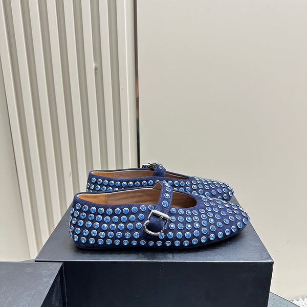 ALAIA CRYSTAL EMBELLISHED BALLET FLATS IN NAVY BLUE SUEDE