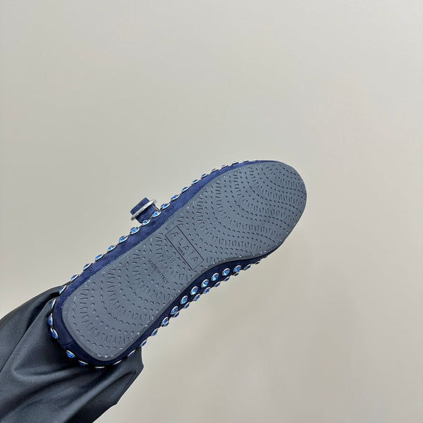 ALAIA CRYSTAL EMBELLISHED BALLET FLATS IN NAVY BLUE SUEDE