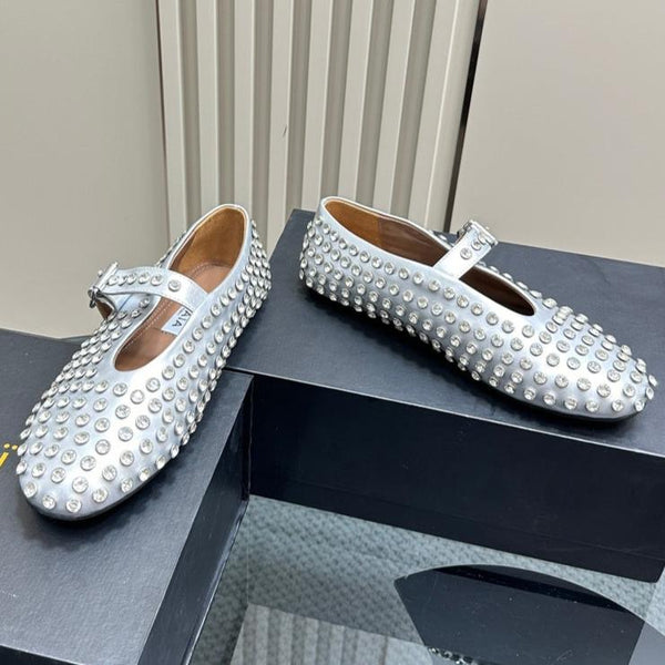 ALAIA CRYSTAL EMBELLISHED BALLET FLATS IN SILVER CALFSKIN