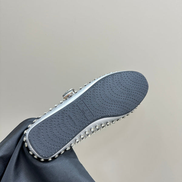 ALAIA CRYSTAL EMBELLISHED BALLET FLATS IN SILVER CALFSKIN