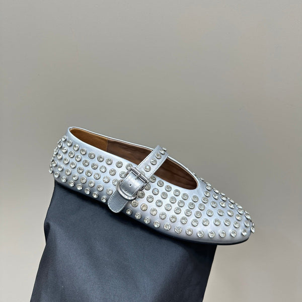 ALAIA CRYSTAL EMBELLISHED BALLET FLATS IN SILVER CALFSKIN