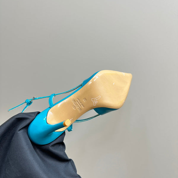 DÉCOLLETÉ SLINGBACK IN VERNICE BLU ACQUA VLOGO SIGNATURE 80MM