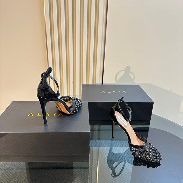 ALAIA HIGH FISHNET PUMPS WITH STUDS IN BLACK LYCRA MESH AND LAMBSKIN