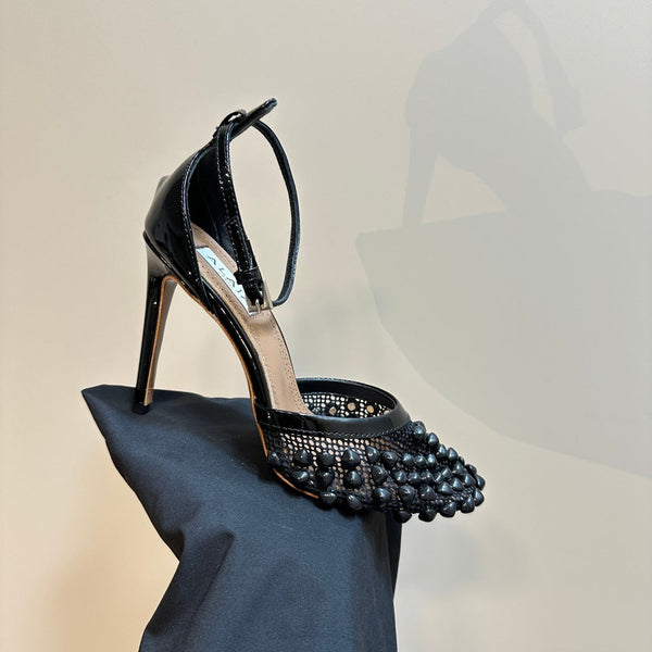 ALAIA HIGH FISHNET PUMPS WITH STUDS IN BLACK LYCRA MESH AND LAMBSKIN