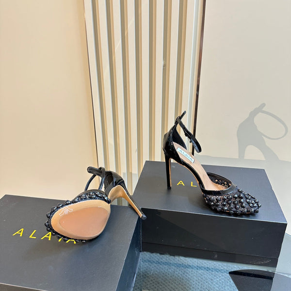 ALAIA HIGH FISHNET PUMPS WITH STUDS IN BLACK LYCRA MESH AND LAMBSKIN