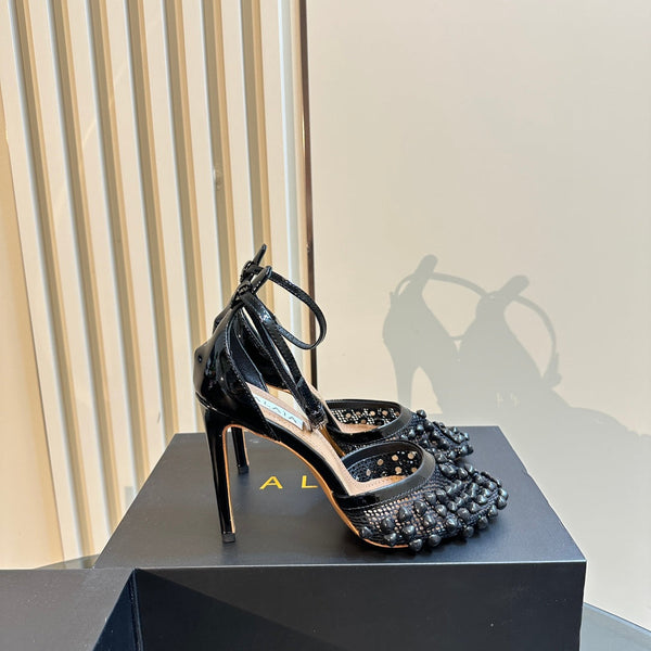 ALAIA HIGH FISHNET PUMPS WITH STUDS IN BLACK LYCRA MESH AND LAMBSKIN