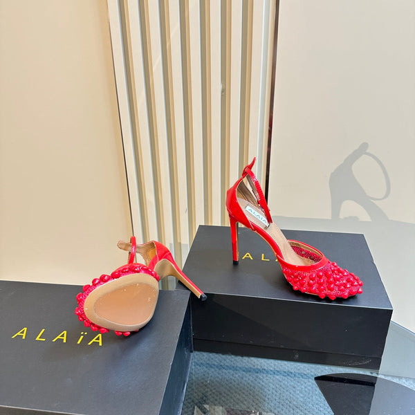 ALAIA HIGH FISHNET PUMPS WITH STUDS IN CHERRY RED LYCRA MESH AND LAMBSKIN
