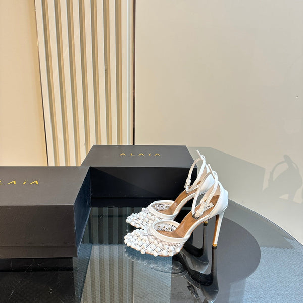 ALAIA HIGH FISHNET PUMPS WITH STUDS IN WHITE LYCRA MESH AND LAMBSKIN