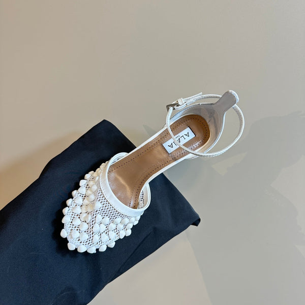 ALAIA HIGH FISHNET PUMPS WITH STUDS IN WHITE LYCRA MESH AND LAMBSKIN