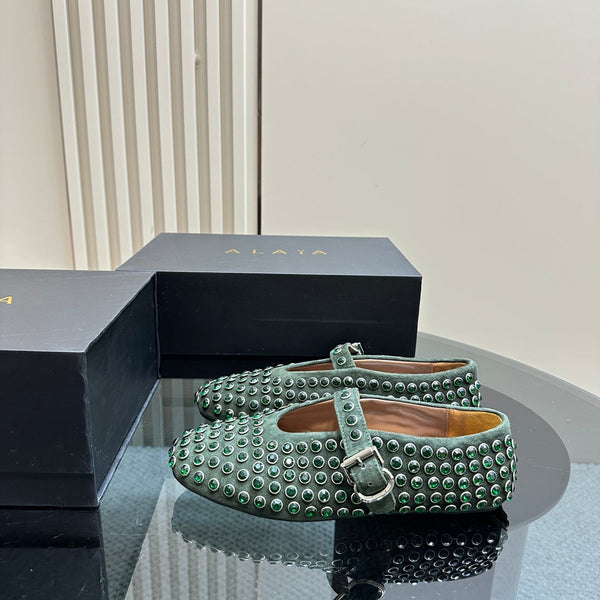 Alaia Strass Suede Ballet Flats In Dark Green 999318