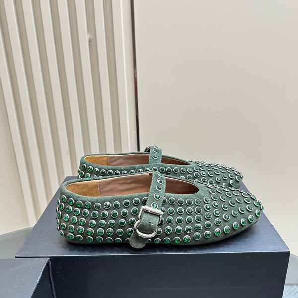 Alaia Strass Suede Ballet Flats In Dark Green 999318